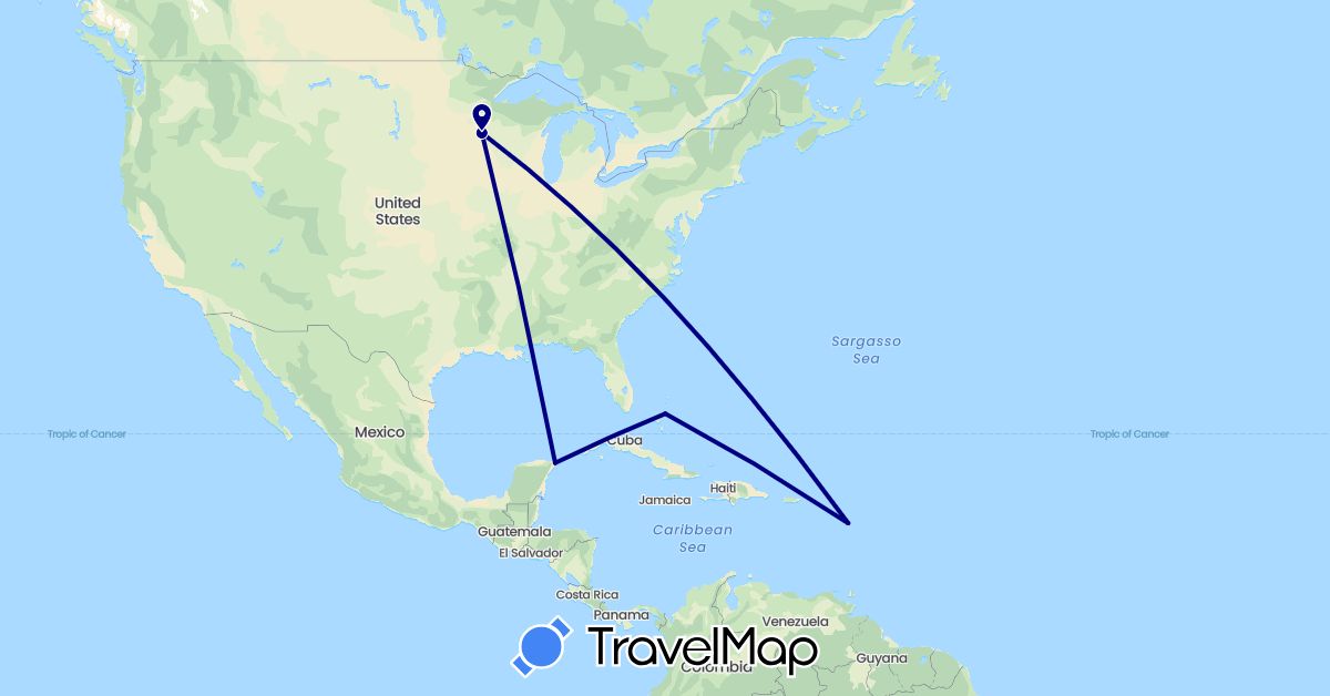 TravelMap itinerary: driving in Bahamas, France, Mexico, United States (Europe, North America)